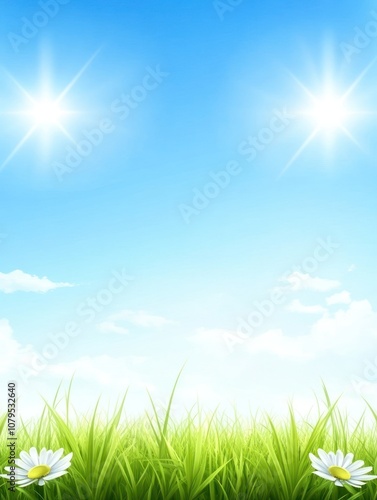 A bright, sunny sky with grass and daisies, evoking a sense of tranquility and nature.