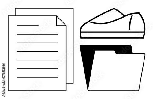Documents with lines, a filing folder, and a closed shoebox in black and white outline style. Ideal for office management, organization, documentation, clerical work, record-keeping, administration