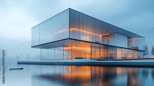 Modern glass architecture reflecting on a serene water surface.