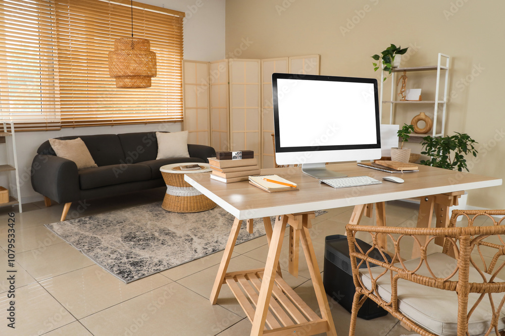 Interior of living room with programmer's workplace Interior of living room with programmer's workplace