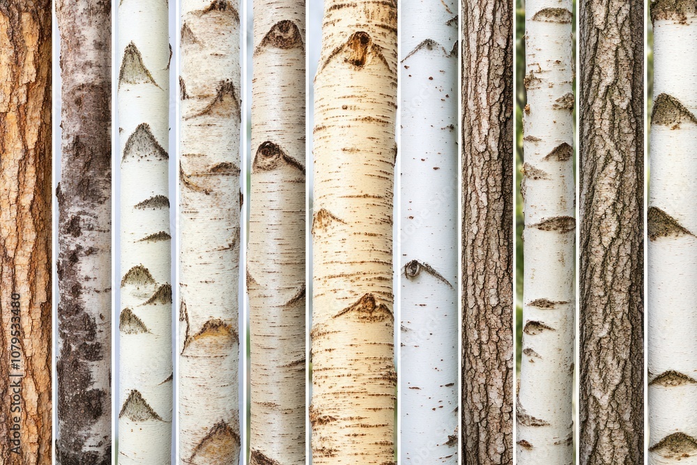 A collection of various tree bark textures arranged vertically. A collection of various tree bark textures arranged vertically.