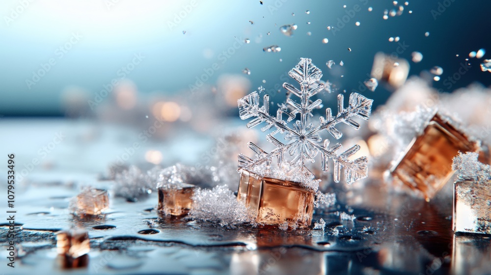 Close-up of ice cubes and snowflake on wet surface, reflecting light. Close-up of ice cubes and snowflake on wet surface, reflecting light.