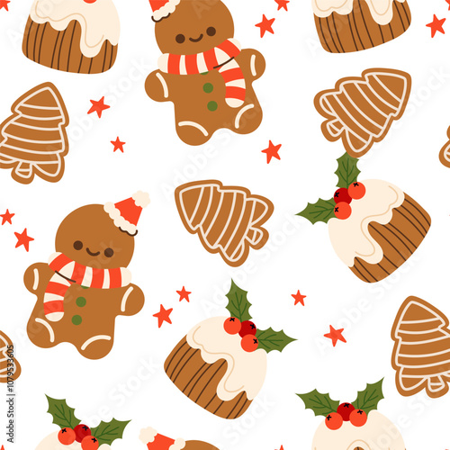 Seamless pattern with Gingerbread cookies with icing in the shape of a deer, snowman, snowflake, sweet cane, chocolate chip cookie. Vector holiday illustration with homemade baked goods