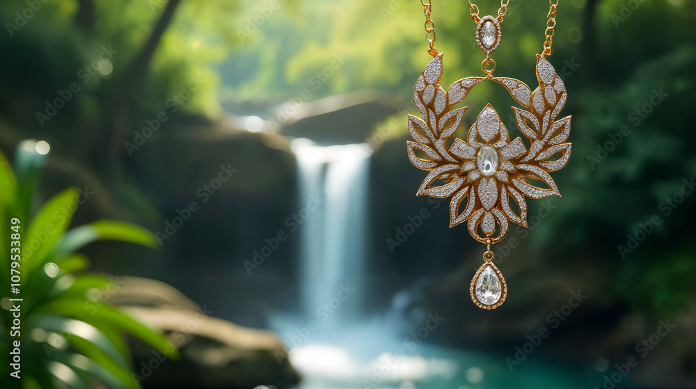 Stunning Elegant Necklace Sparkling Amidst Serene Natural Backdrop of Cascading Waterfalls and Lush Greenery Stunning Elegant Necklace Sparkling Amidst Serene Natural Backdrop of Cascading Waterfalls and Lush Greenery