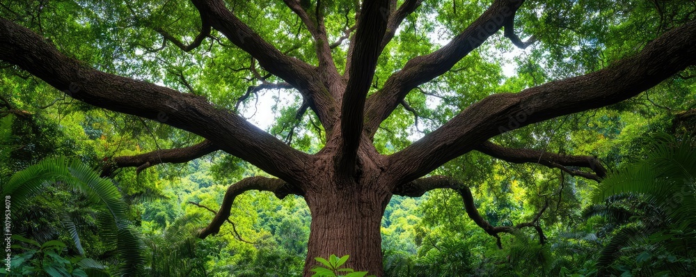 Fototapeta premium Majestic tree branches sprawling out in a lush green forest setting.