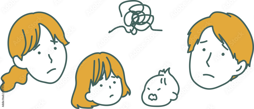 困り顔の家族のシンプルな顔だけイラスト