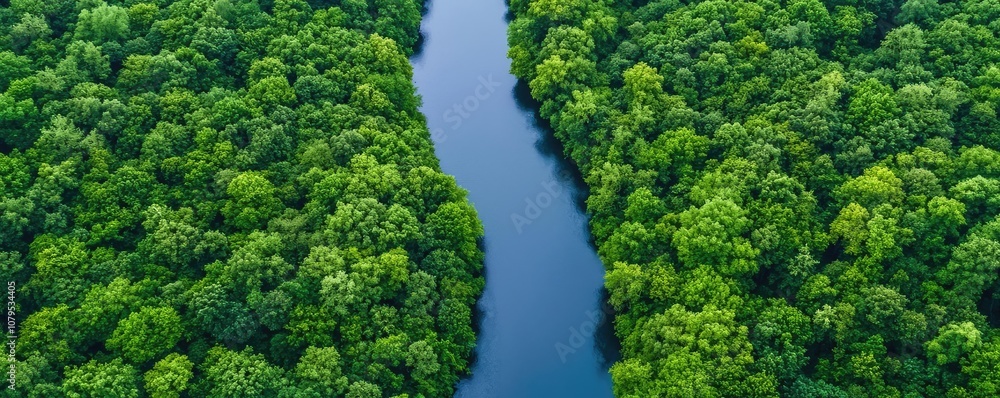 Aerial view of a winding river through lush green forests under clear blue skies. Aerial view of a winding river through lush green forests under clear blue skies.