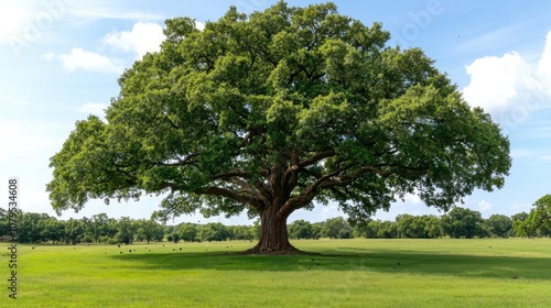 Large green tree standing in a sunny field under a clear blue sky.