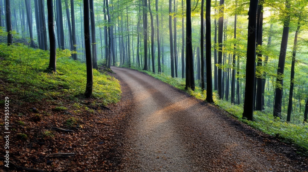 Obraz premium Calm forest path at dawn, misty morning light, sunlight filtering through leaves, diffused natural lighting