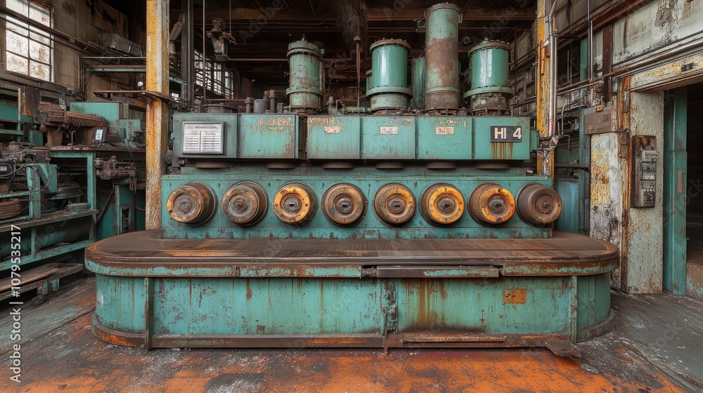 Naklejka premium Rusty, green, industrial machinery in an abandoned factory.