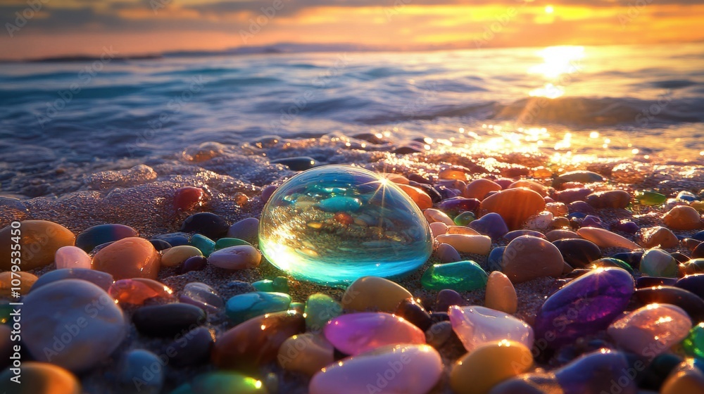 Obraz premium Glimmering Shore: A Crystal Sunset Beachscape