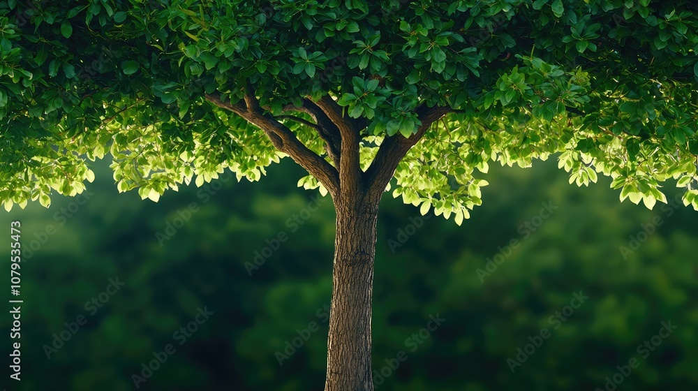 Fototapeta premium Lush green tree with vibrant leaves against a blurred natural background.
