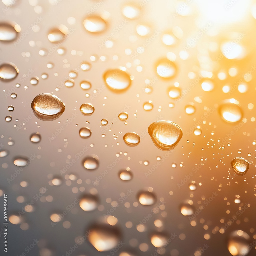 Close-up of raindrops on glass, sunlight breaking through, diffused light Close-up of raindrops on glass, sunlight breaking through, diffused light