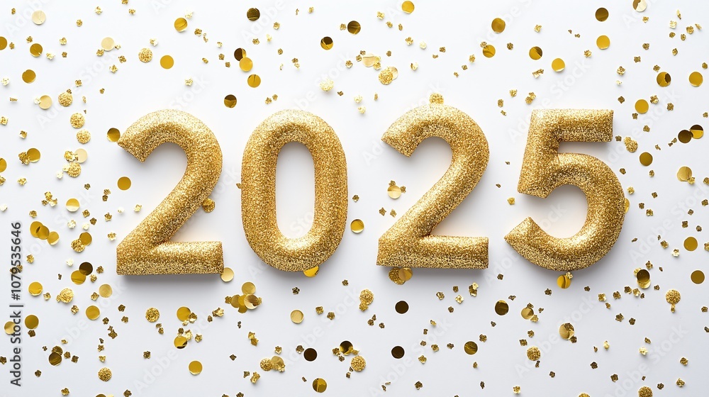 Sparkling gold numbers '2025' against a white background with scattered confetti. A celebratory image for the new year. Sparkling gold numbers '2025' against a white background with scattered confetti. A celebratory image for the new year.