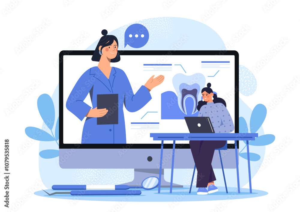Fototapeta premium Online dentistry course. Woman watching online lecture on Internet. Distance education and training. Student at medical university. Stomatology lesson and course. Flat vector illustration