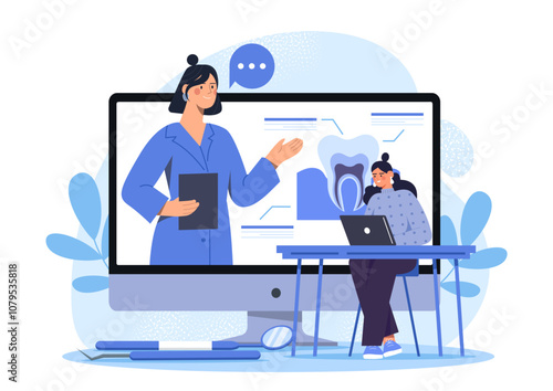 Online dentistry course. Woman watching online lecture on Internet. Distance education and training. Student at medical university. Stomatology lesson and course. Flat vector illustration