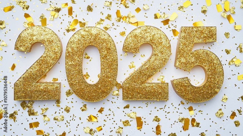 Sparkling gold 2025 numerals on a white background with confetti. Celebrate the new year in style! Sparkling gold 2025 numerals on a white background with confetti. Celebrate the new year in style!