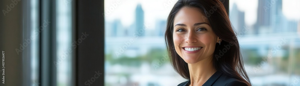 Businesswoman smiling, standing by a window with cityscape, embodying confidence in investment and acquisition achievements Businesswoman smiling, standing by a window with cityscape, embodying confidence in investment and acquisition achievements