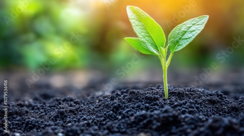 Small green sprout growing out of dark soil.