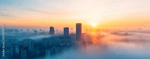 Foggy cityscape at sunrise, sunlight diffused by mist, soft focus, calm mood