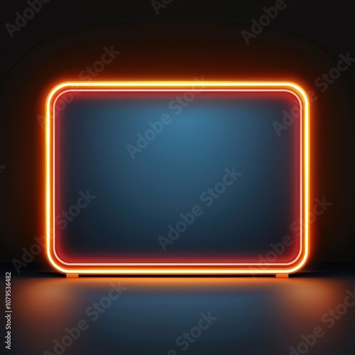 A neon-framed rectangular display against a dark background, featuring a glowing orange outline with a central blue area.