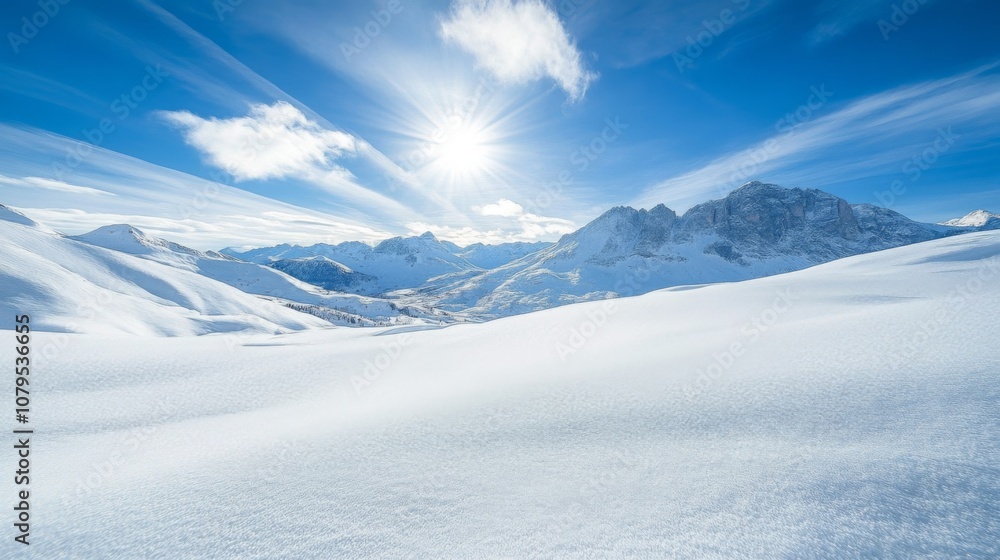 Snow-Covered Mountain Range with Bright Sun and Cirrus Clouds Snow-Covered Mountain Range with Bright Sun and Cirrus Clouds