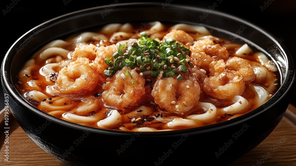 Udon Noodles in Broth with Tempura, a vibrant bowl of Japanese comfort food, featuring thick noodles in savory broth, garnished with crispy tempura