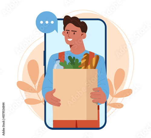 Online ordering of food. Man with package with baguette, bottle of water and vegetables. Online shopping and electronic commerce. Home delivery courier. Flat vector illustration