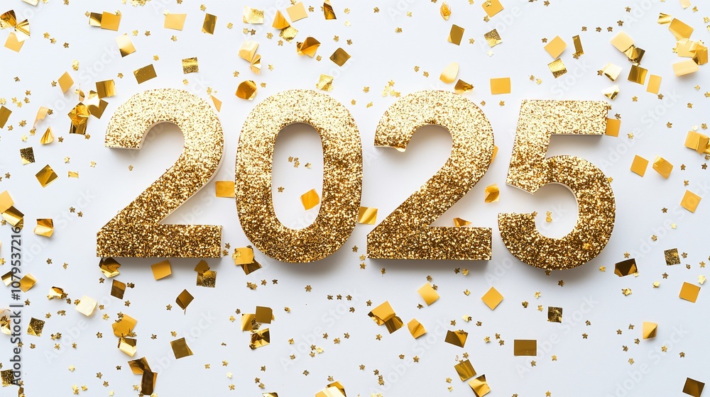 Sparkling gold numbers 2025 on a white background with confetti, perfect for celebrating New Year's Eve or any special occasion. Sparkling gold numbers 2025 on a white background with confetti, perfect for celebrating New Year's Eve or any special occasion.