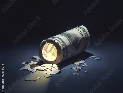 In the dark on broken money is a roll of dollars lit by a ray of light. photo