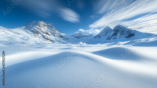 Snow-Covered Mountain Valley with Blue Sky and Wispy Clouds