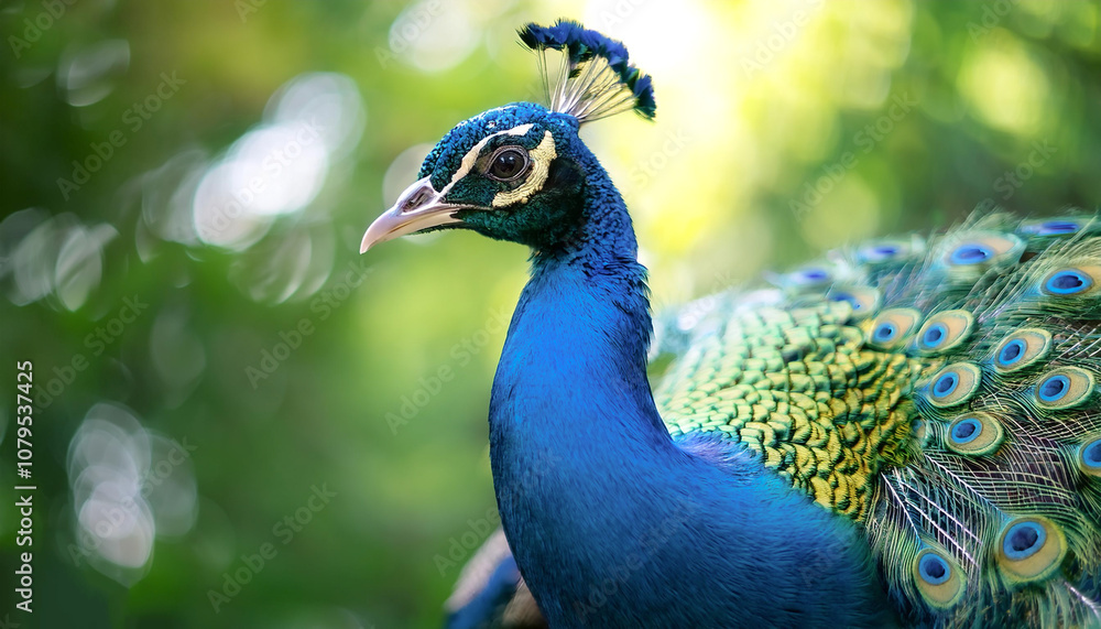 Fototapeta premium Peacock isolated with blur green bokeh background