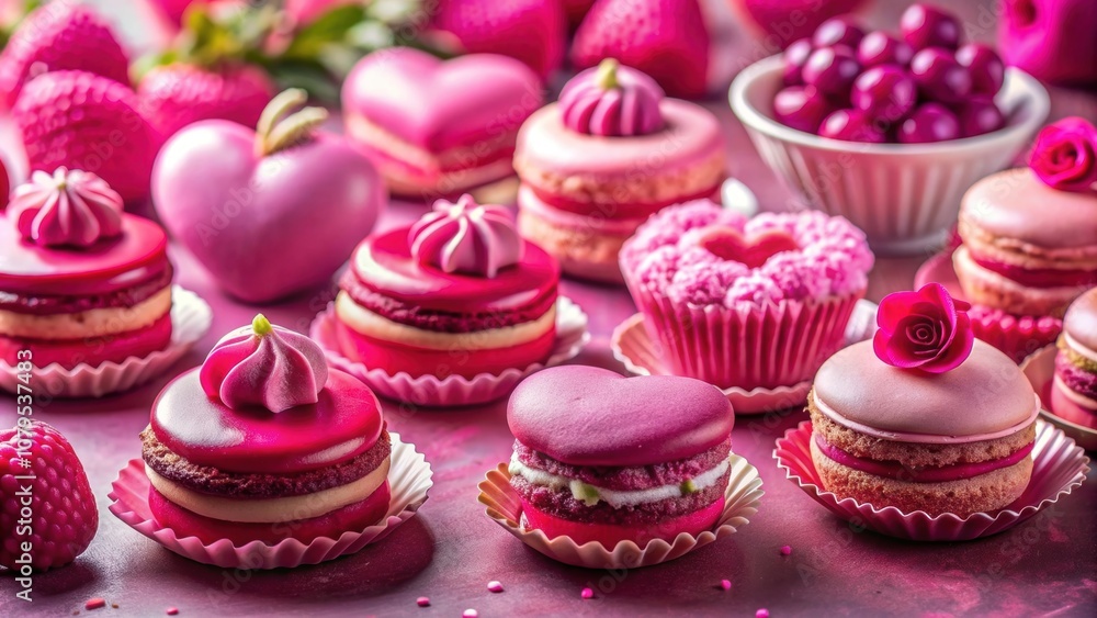 Luxury French sweets in magenta with pink heart-shaped cakes and decorations Luxury French sweets in magenta with pink heart-shaped cakes and decorations