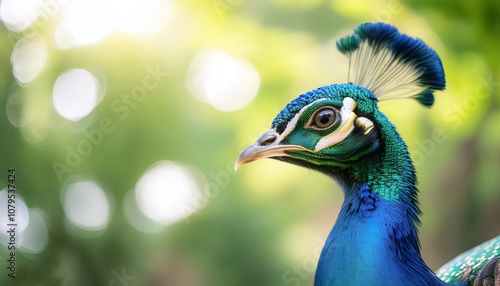 Peacock isolated with blur green bokeh background