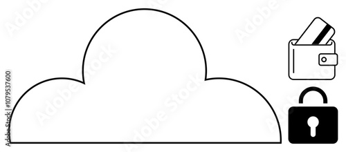 Cloud icon along with wallet holding credit cards and padlock representing secure digital storage. Ideal for online security, cloud computing, digital transactions, data protection, secure payments