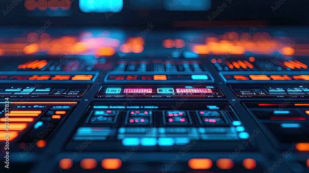Futuristic interface with glowing buttons and screens, abstract technology background. Futuristic interface with glowing buttons and screens, abstract technology background.