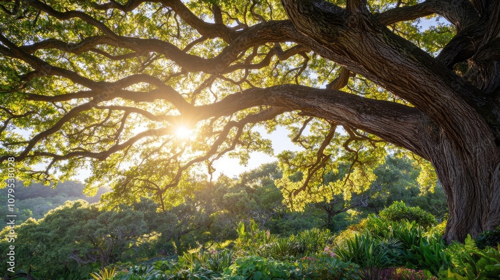Majestic tree under sunlight surrounded by lush greenery. Majestic tree under sunlight surrounded by lush greenery.