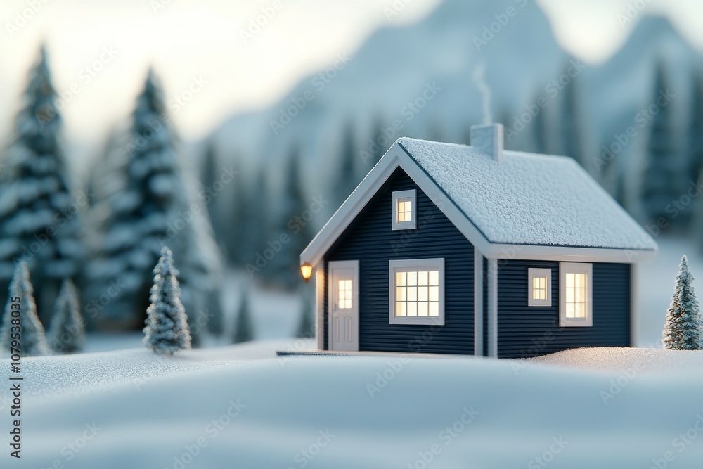 A small blue house with a chimney sits in the snow A small blue house with a chimney sits in the snow
