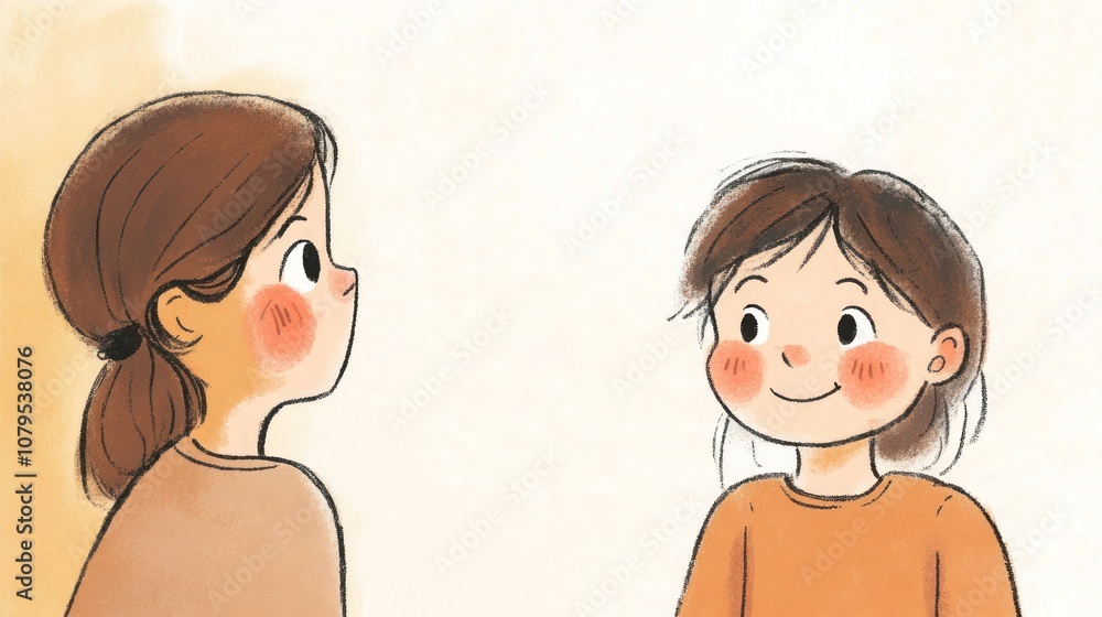 Two illustrated characters engaging in a friendly conversation. Two illustrated characters engaging in a friendly conversation.