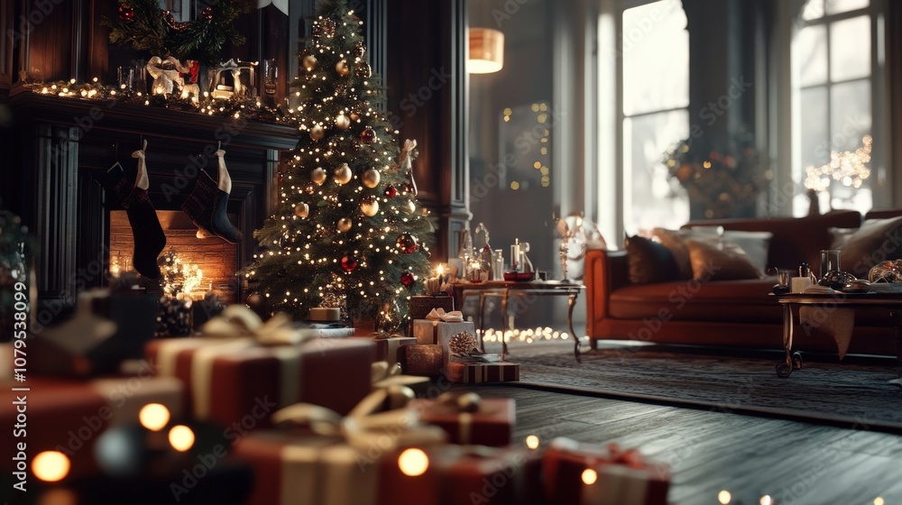 Cozy living room with Christmas tree, fireplace, and presents creating warm festive atmosphere. Cozy living room with Christmas tree, fireplace, and presents creating warm festive atmosphere.