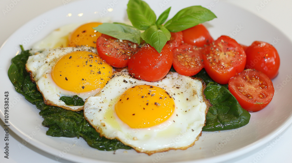 Sunny Side Up Delight: A vibrant and healthy breakfast featuring two perfectly fried eggs, a bed of spinach, and a medley of juicy cherry tomatoes, garnished with fresh basil. Sunny Side Up Delight: A vibrant and healthy breakfast featuring two perfectly fried eggs, a bed of spinach, and a medley of juicy cherry tomatoes, garnished with fresh basil.