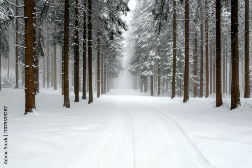 A snow covered road with trees in the background A snow covered road with trees in the background