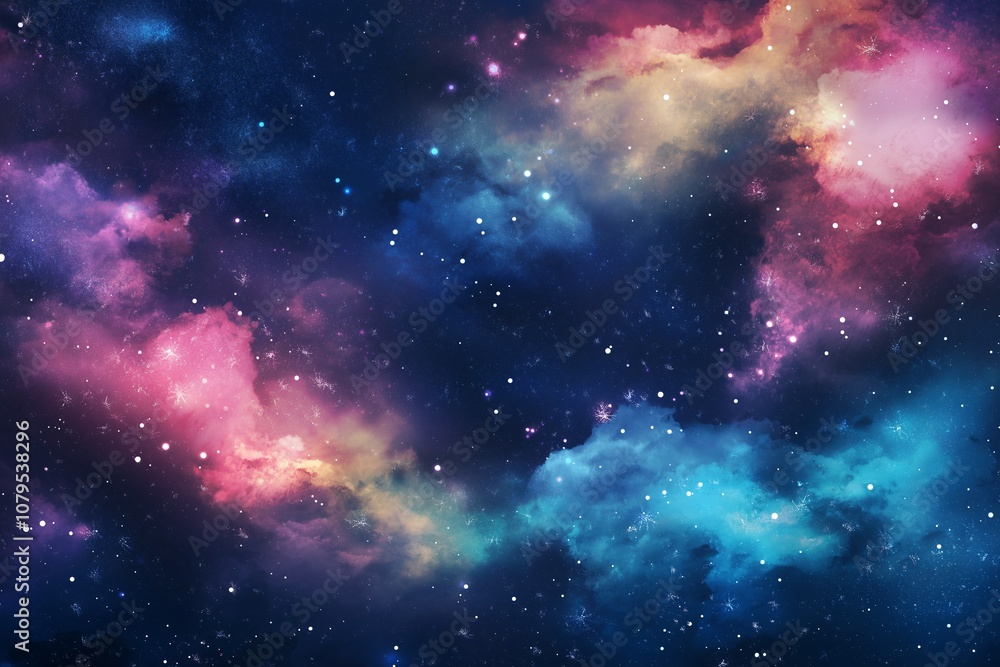 A stunning view of a nebula, filled with swirling clouds of pink, blue, and yellow gas, lit by countless stars. A stunning view of a nebula, filled with swirling clouds of pink, blue, and yellow gas, lit by countless stars.
