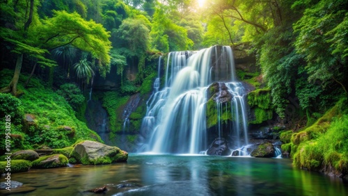 Waterfall cascading down in a lush forest setting, waterfall, forest, nature, scenic, landscape, tranquility, serene
