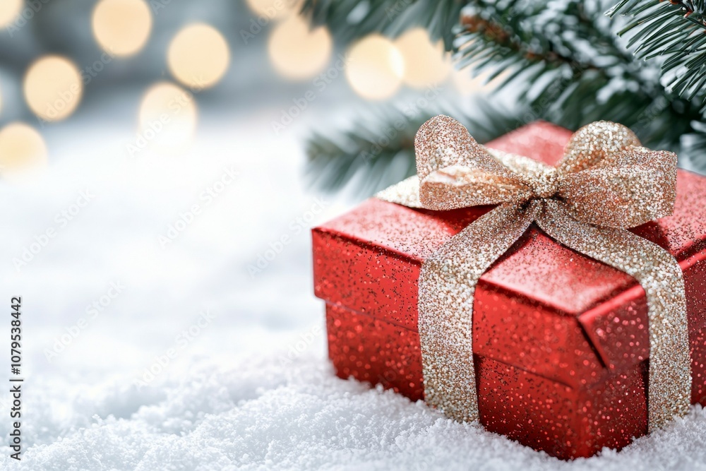 A red box with a gold bow on top of a snowy background A red box with a gold bow on top of a snowy background