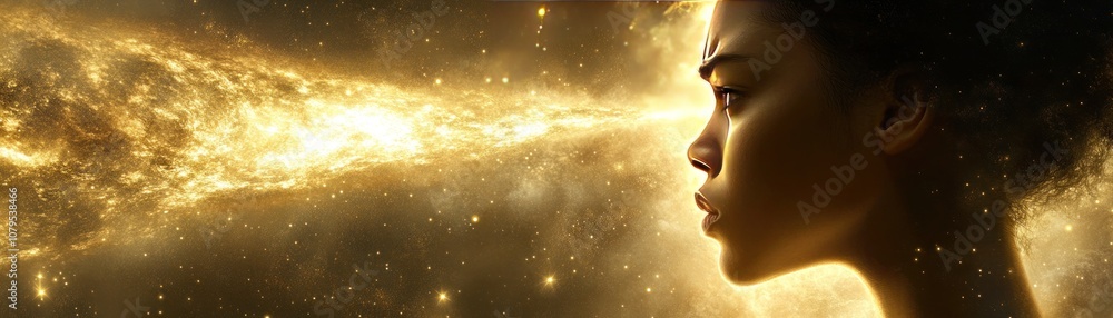 A cosmic portrait of a woman with a galaxy emerging from her profile, symbolizing imagination. A cosmic portrait of a woman with a galaxy emerging from her profile, symbolizing imagination.