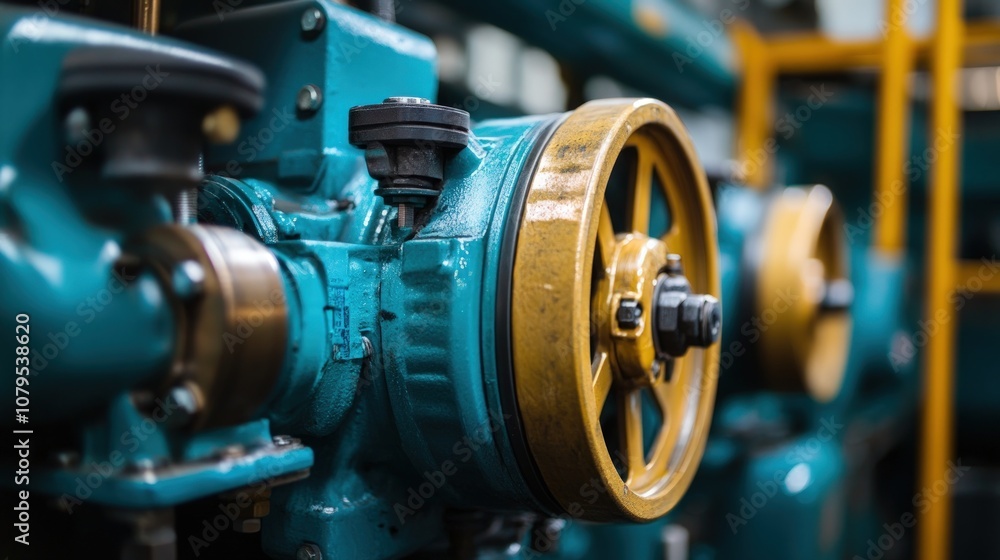 Close-up of a large industrial machine with a yellow pulley and blue casing. Close-up of a large industrial machine with a yellow pulley and blue casing.