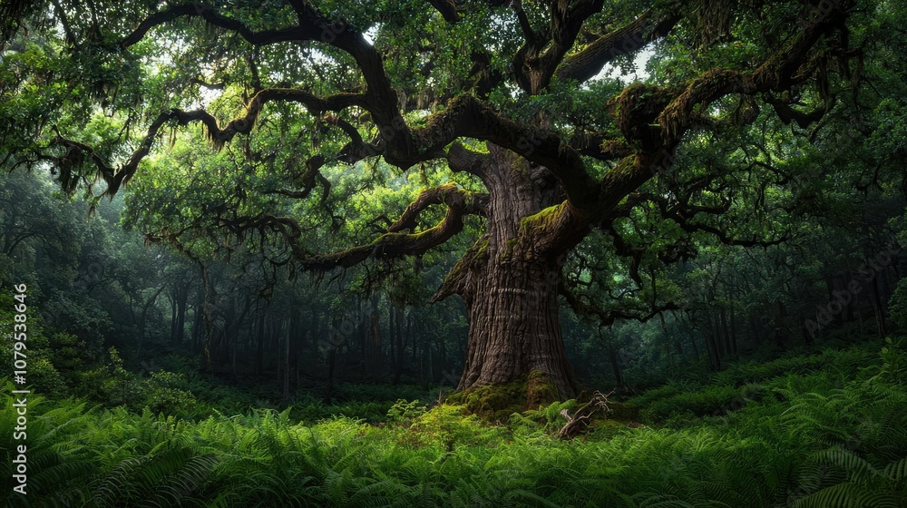 Majestic tree amidst lush green ferns in a serene forest setting. Majestic tree amidst lush green ferns in a serene forest setting.