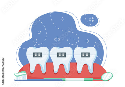 Orthodontic treatment concept. Teeth in braces. Preventing and correcting malocclusion. Oral hygiene. Healthcare and medicne, treatment. Flat vector illustration isolated on white background