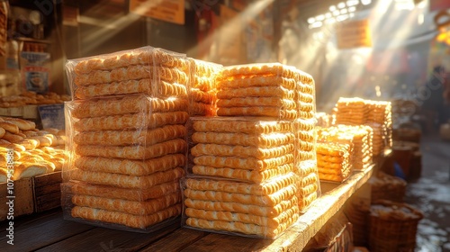 Stacks of freshly baked breadsticks for sale on a market stall bathed in morning sunshine. photo